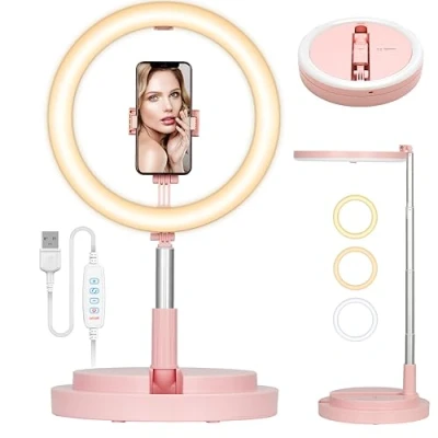 Abbildung von TARION Ringlicht mit Stativ LED Ringleuchte: Tisch Ring Light 11,8 Zoll Ringlampe Lichtring Faltbare Ringlight Handyhalterung Handy für Smartphone Video Fotografie Live Steaming(Rosa)