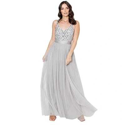 Abbildung von Maya Deluxe Damen Women&#039;s Maxi Dress Long Wedding Guest Bridesmaid Ball V Neck Wide Straps Brautjungfernkleid, Soft Grey, 42 EU