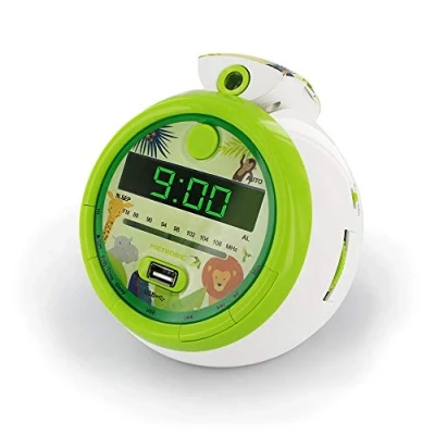 Abbildung von Metronic 477030 Radiowecker für Kinder, Dschungel, FM, USB, Projektion, doppelter Alarm und Sleep/Snooze Funktionen, Batterien zur Speicherung der Uhrzeit, Dschungel/Grün
