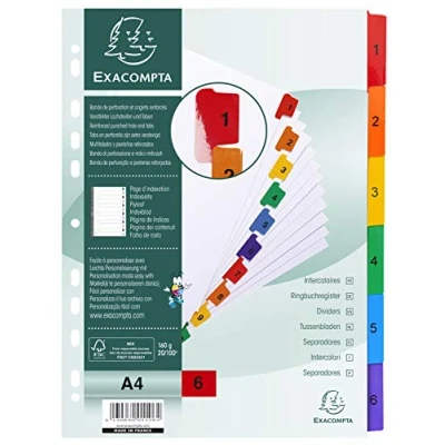 Abbildung von Exacompta 1106E Karton Register 1 6 für DIN A4 aus teilig volle Höhe 21 x 29,7 cm weiß, bunte verstärkte Taben mit Indexseite Trennblätter Trennstreifen Ordner