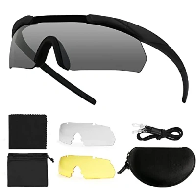 Abbildung von Feyachi Schießbrille mit 3 Austauschbaren Gläsern, Schutzbrille ​Schlagfester Augenschutz, UV 400 Schutz (Schwarz)