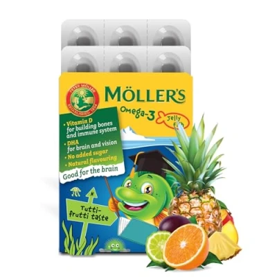 Abbildung von Möller&#039;s Omega 3 Kapseln für Kinder Natürliche Fischtran Mit Tutti Frutti DHA und EPA Leicht zu kauen Ohne Gluten, Laktose Zucker 36 Stück