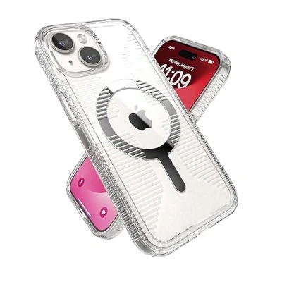 Abbildung von Speck Klare iPhone 15 Hülle Schlank, gebaut für MagSafe, Fallschutzgriff 15, 14 &amp; 13 Kratzfest, vergilbungsfrei, 6,1 Zoll Handyhülle GemShell Grip Clear