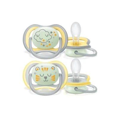 Abbildung von Philips Avent Ultra Air Schnuller für die Nacht über 18 Monate, leuchtet im Dunkeln, Doppelpack, Wolke/Tiger (Modell SCF376/01)