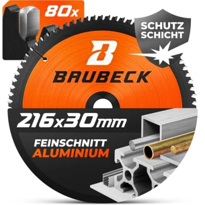 Abbildung von BAUBECK Sägeblatt 216x30 für Aluminium Feinschnitt Kreissägeblatt Alu 216 kompatibel mit Metabo KGS 216, Bosch GCM 8 uvm.