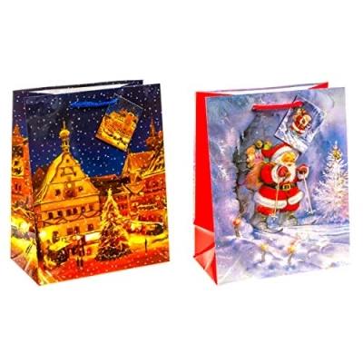Abbildung von TSI 84016 Geschenkbeutel Xmas Double (Weihnachtsmann &amp; Weihnachtsmarkt), 12er Packung, Größe: Mittel (23 x 18 10 cm)
