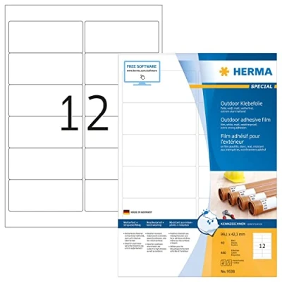 Abbildung von HERMA 9538 Wetterfeste Folienetiketten, 560 Blatt, 99,1 x 42,3 mm, 12 pro A4 Bogen, 6720 Stück, selbstklebend, bedruckbar, matt, blanko Outdoor Klebeetiketten Aufkleber aus Polyethylen, weiß