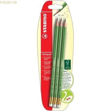 Abbildung von Umweltfreundlicher Bleistift mit Radierer STABILO GREENgraph 3er Pack Härtegrad HB