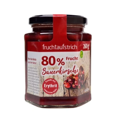 Abbildung von Fruchtaufstrich Sauerkirsche ohne Zuckerzusatz mind. 80% Fruchtanteil gesüßt mit Erythrit und Stevia (260g) (1x260g)