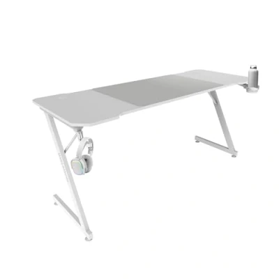 Abbildung von MARSGAMING MGD X160, Gaming Schreibtisch Ergonomisch, Oberfläche aus Karbonfaser, Metallrahmen, XXL Mauspad, Kopfhörer und Getränkehalterung, Kabelmanagement, Tisch 160x60cm, Weiß