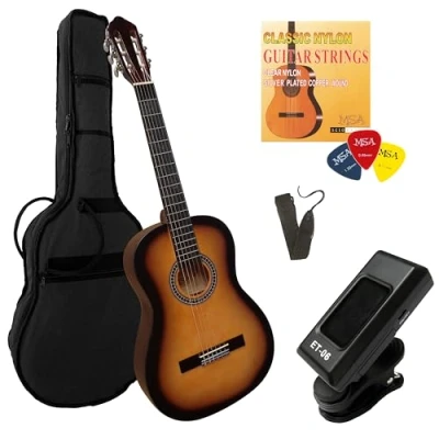 Abbildung von 4/4 Gitarre im Set Konzertgitarre Classic Lindenholz Stimmgerät Tasche Band Saiten 3xPleks (Sunburst)