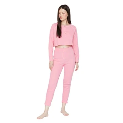 Abbildung von Trendyol Damen Unifarben Mitte Gestrickt T Shirt Hose Pyjama, Rosa, M