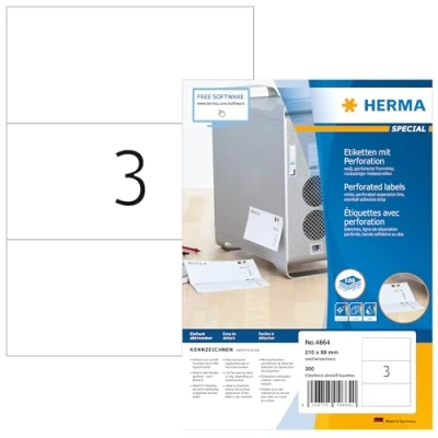 Abbildung von HERMA 4664 Etiketten perforiert, 100 Blatt, 210 x 99 mm, 3 pro A4 Bogen, 300 Stück, selbstklebend, bedruckbar, matt, blanko Papier Klebeetiketten Aufkleber mit perforierten Trennlinien, weiß