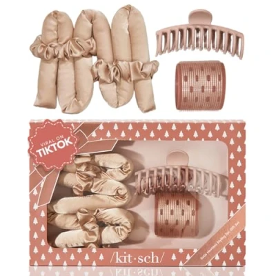 Abbildung von Kitsch Satin Heatless Hair Styling Geschenkset 5 teiliges Set aus Curling Set, Keramik Thermo Haarroller &amp; Klaue Clip Haarstyling Zubehör, Champagner