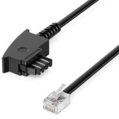 Abbildung von deleyCON 1m Telefonkabel TAE F Stecker auf RJ11 Int. Norm 6P4C Flachkabel Analoge Endgeräte an Telefondose Telefon Fax Modem Router Anrufbeantworter Schwarz
