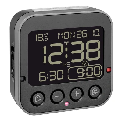 Abbildung von TFA Dostmann Bingo 2.0 digitaler Funk Wecker, 60.2552.01, invertiertes Display, 2 Weckalarme, Datum + Wochentag, inkl Thermometer, mit Licht, ohne Ticken, Funkuhr, L 95 x B 41 H 96 mm, schwarz