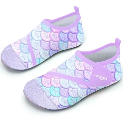 Abbildung von Badeschuhe Strandschuhe Schwimmschuhe Wasserschuhe Mädchen Baby Aquaschuhe Schnell Trocknend Barfuss Schuh für Kinder Beach Pool（Fischschuppen Rosa Violett 28/29）