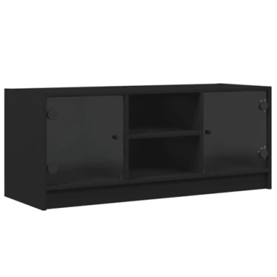 Abbildung von vidaXL TV Schrank mit Glastüren, Fernsehschrank Stauraum, Fernsehtisch für Wohnzimmer, Lowboard Möbel, Modern, Schwarz Holzwerkstoff