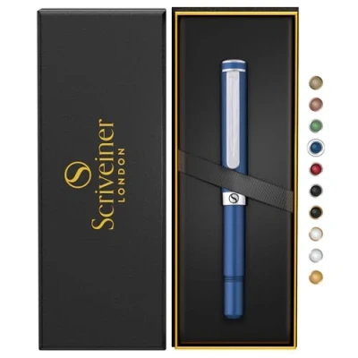 Abbildung von Scriveiner Blau Kugelschreiber EDC Luxus Stift, Taschenkugelschreiber mit Chrom, Cooler Schreibstift, Schreibgeschenk für Mann &amp; Frau, Deutsche Schmidt Mine, Ausgefallenes Büro Designer Schreibset