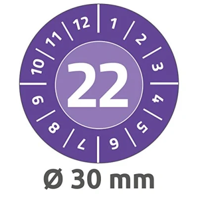Abbildung von AVERY Zweckform 80 Stück Prüfplaketten 2022 (widerstandsfähig, stark selbstklebend, Ø 30 mm, Prüfaufkleber, beschriftbare Prüfsiegel aus Vinyl Klebefolie) 6944 violett