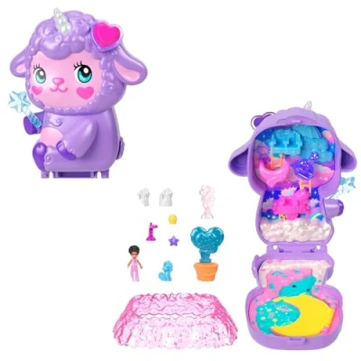 Abbildung von Polly Pocket Puppen und Spielset, Traumland Schatulle in Lammform, Reisespielzeug mit 1 Minipuppe, Haustier Einhorn, Futter Stylingzubehör, JCB15