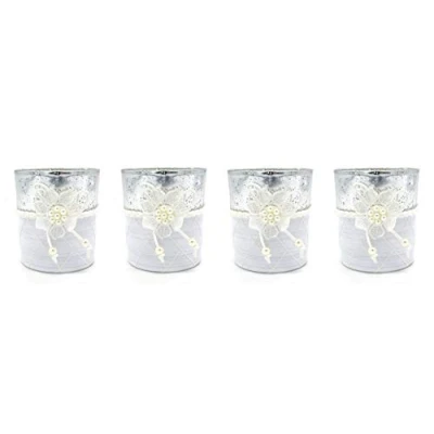 Abbildung von DARO DEKO Teelichthalter aus Glas weiß und Silber spiegelnd mit Blume Perlen 4 Stück 7 x 8cm