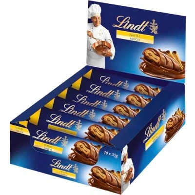 Abbildung von Lindt Schokolade Waffel Vollmilch Riegel 18 x 35g im Thekendisplay Knusprige Waffelblätter in feiner Großpackung Schokoladengeschenk Schokoriegel