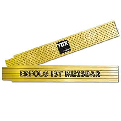 Abbildung von TOX Zollstock 2m in gelb Meterstab mit Aufdruck Erfolg ist Messbar Gliedermaßstab aus Buchenholz Winkelmessfunktion und farbigen Dezimalzahlen Genauigkeitsklasse III 9969005 1 Stück, Gold