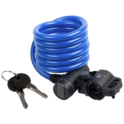 Abbildung von M Wave Autom. Spiralkabelschloß 1800 x 10 mm blau mit Clip on Halter für Sattelstütze Staubschutzkappe auf Karte
