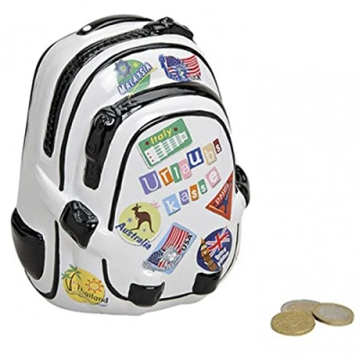 Abbildung von G. Wurm Spardose Sparbüchse Rucksack Urlaubskasse Keramik