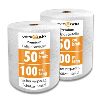 Abbildung von versando 2x Premium Luftpolsterfolie 100m x 0,5m Versand, Verpackung, Umzug Noppenfolie Bubble Wrap LPF Rolle