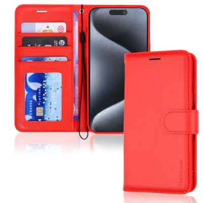 Abbildung von TECHGEAR hülle iPhone 15 Pro Max Leder klappbar, PU Flip Schutzhülle Ledertasche [Brieftasche] Handyhülle mit Ständer und Handschlaufe Rot Kompatible