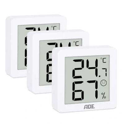 Abbildung von ADE Digitales Hygrometer mit Temperaturanzeige im 3er Set Luftfeuchtigkeitsmesser innen Raumthermometer magnetisch Komfortzonenindikator weiß
