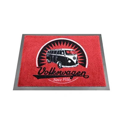 Abbildung von BRISA VW Collection Volkswagen Fuß Matte Tür Vorleger Schuh Schmutzfang Abstreifer mit T1 Bulli Bus Motiv (Vintage Logo/Rot)