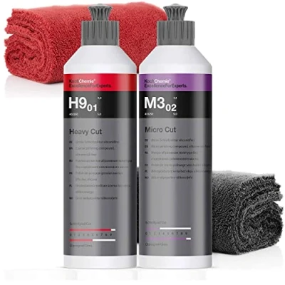 Abbildung von detailmate Koch Chemie Politur Set: Heavy Cut Abrasive Schleifpolitur, 250ml + Micro feine 2 Mikrofasertücher, 40x40cm, 550GSM