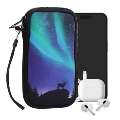 Abbildung von kwmobile Handytasche für Smartphones L 6,5&quot; Neopren Handy Tasche Hülle Cover Case Schutzhülle Polarlicht Hirsche Türkis Blau Schwarz 16,5 x 8,9 cm Innenmaße