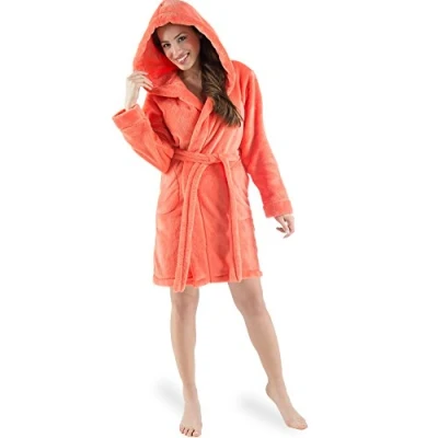 Abbildung von CelinaTex Bademantel Morgenmantel Damen kurz Fleece Kapuze flauschig Korfu S lachs, Polyester