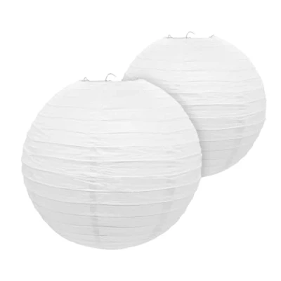 Abbildung von Papier Lampion in weiß zum Hängen 2er Set 30 cm Deko Papierlaterne rund Lampenschirm Papierlampe gerippt für Garten Party Hochzeit Geburtstag Bamboo Style