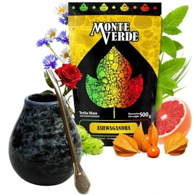 Abbildung von Yerba mate tee Set mit Monte Verde Ashwagandha 500g ● Keramik tasse Marmol 350ml Edelstahl Bombilla 19cm
