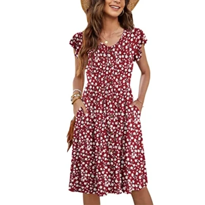 Abbildung von MOLERANI Boho Kleid Damen Rüschen Ärmel V Ausschnitt Casual Swing Elastische Taille Midi mit Taschen Hellen Blumen Rot XL