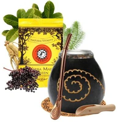 Abbildung von Yerba Mate Tee Set mit natürlicher Kalebasse Caracas schwarz ● Kürbistasse und Strohhalm Edelstahl Bombilla Green Energy 50g Gourd Accessories