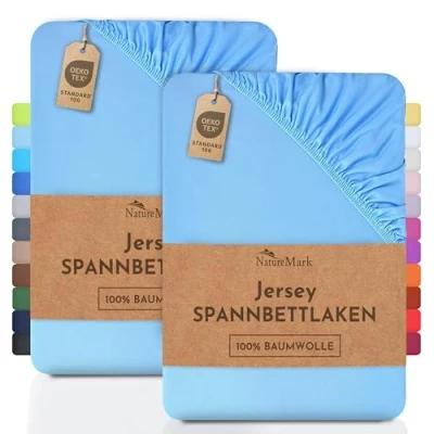 Abbildung von Spannbettlaken Jersey Spannbettlaken, NatureMark, 100% Baumwolle, Gummizug: rundum, (2 Stück), Kinder Spannbetttuch, für Baby /Kinderbett, 70x140 cm, Hellblau