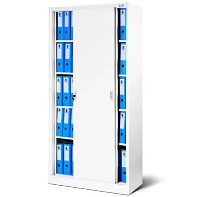 Abbildung von Jan Nowak Aktenschrank Büroschrank mit Schiebetüren Metall 4 Fachböden Pulverbeschichtung Abschließbar 185 cm x 90 40 (White)