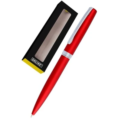 Abbildung von ONLINE Drehkugelschreiber Eleganza I Metall Farbe Satin Rot auswechselbare Großraummine Metallclip Schreibfarbe Schwarz Kugelschreiber inkl. Geschenkverpackung, 1 Stück (1er Pack)