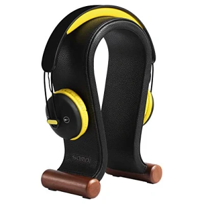Abbildung von SAMDI Kopfhörerhalter Kopfhörerständer Holz, Universal/Echtes Leder Headset Ständer Gaming Halterung On Ear Headphone Stand für Spiele, Familie, Büro, Freunde (Schwarz)