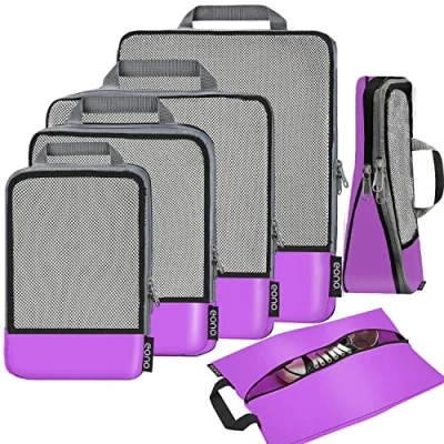 Abbildung von Eono Komprimierbaren Packwürfeln zur Organisation Ihres Reisegepäcks, Compression Packing Cube, Packtaschen Set and Gepäck Organizer für Rucksack &amp; Koffer Lila, 6 teilig