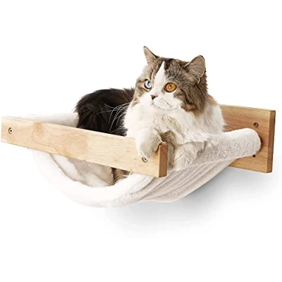 Abbildung von FUKUMARU Kletterwand Katzen, Großes Katzenregal zur Wandmontage, aus massivem Gummibaumholz, Katzenhängematte Wand zum Schlafen, Spielen, Tragkraft bis 18 kg, Weißes Flanellmaterial