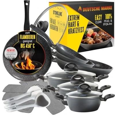 Abbildung von STONELINE Topf Set, Aluminium, Keramik (Kochgeschirr 16 tlg., Kochgeschirr 3x Kochtopf, 4x Bratpfanne, Glasdeckel, Zubehör), mit echten Steinpartikeln, induktionsgeeignet, Designed in Germany