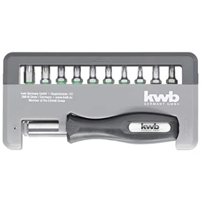 Abbildung von kwb Bit Box im Taschen Format, Torx T 10, 15, 20, 25, 30, 40 + Tamper TT 20 u. 25 inkl. Halter und Handgriff