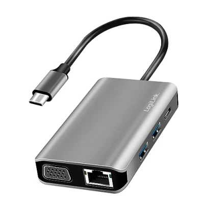 Abbildung von USB 3.2 Gen 1 Docking Station 7 Port, mit C Anschluss und PD (PowerDelivery), UHD 4K Auflösung, RJ45 Gigabit Netzwerk
